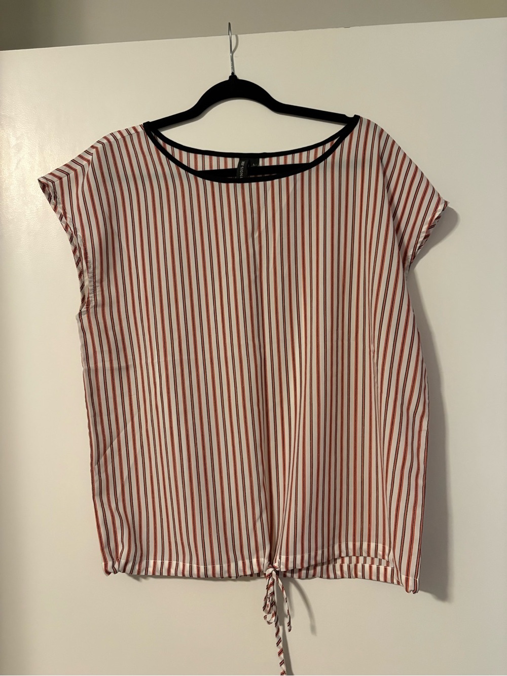 Striped Red & White Cap-Sleeve Blouse with Drawstring
